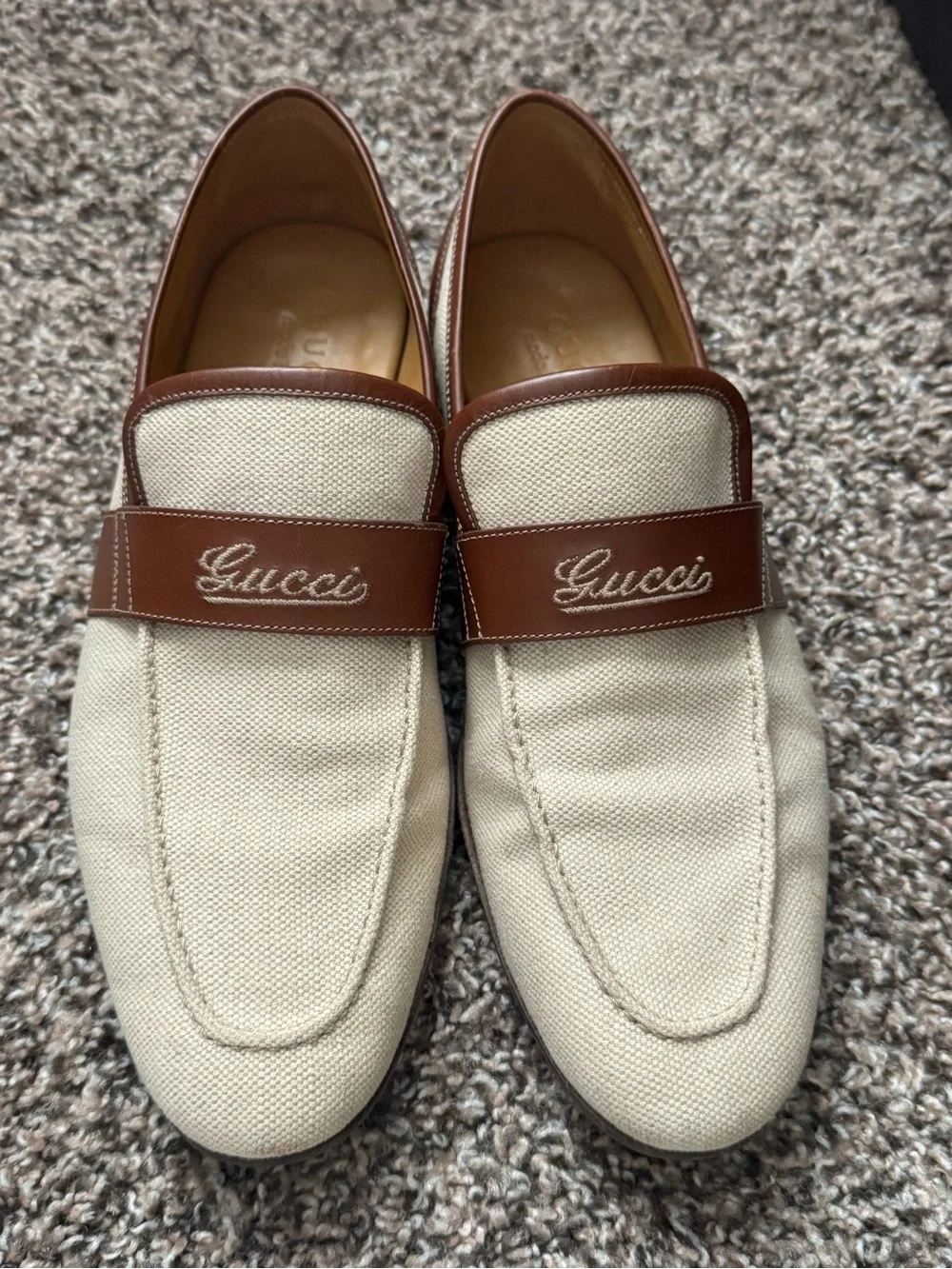 Gucci Men’s Cream Canvas and Brown Leather Loafers39